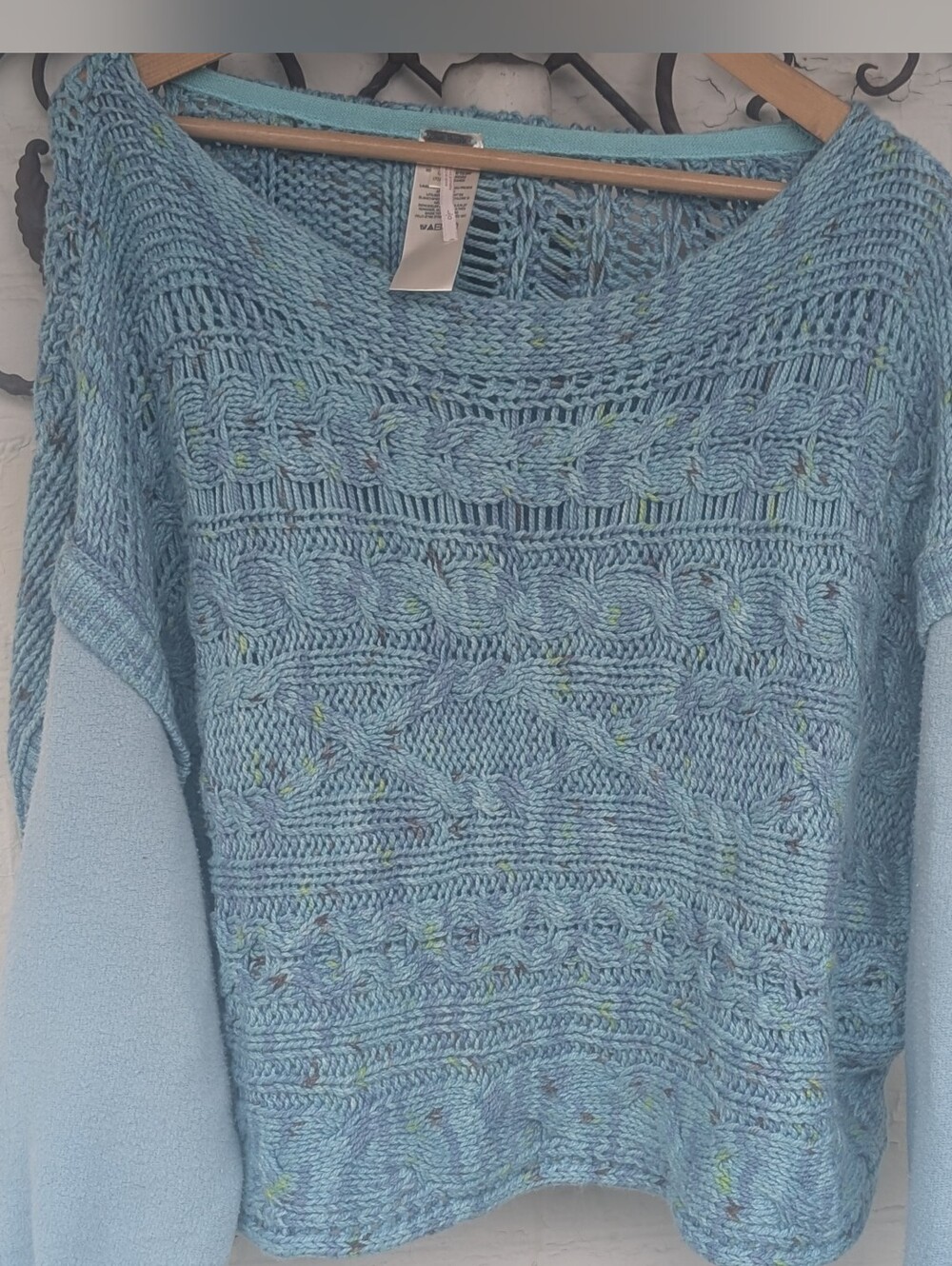 Free People Oversized Speckled Light Blue Cable Knit Sweater Women's Size Large